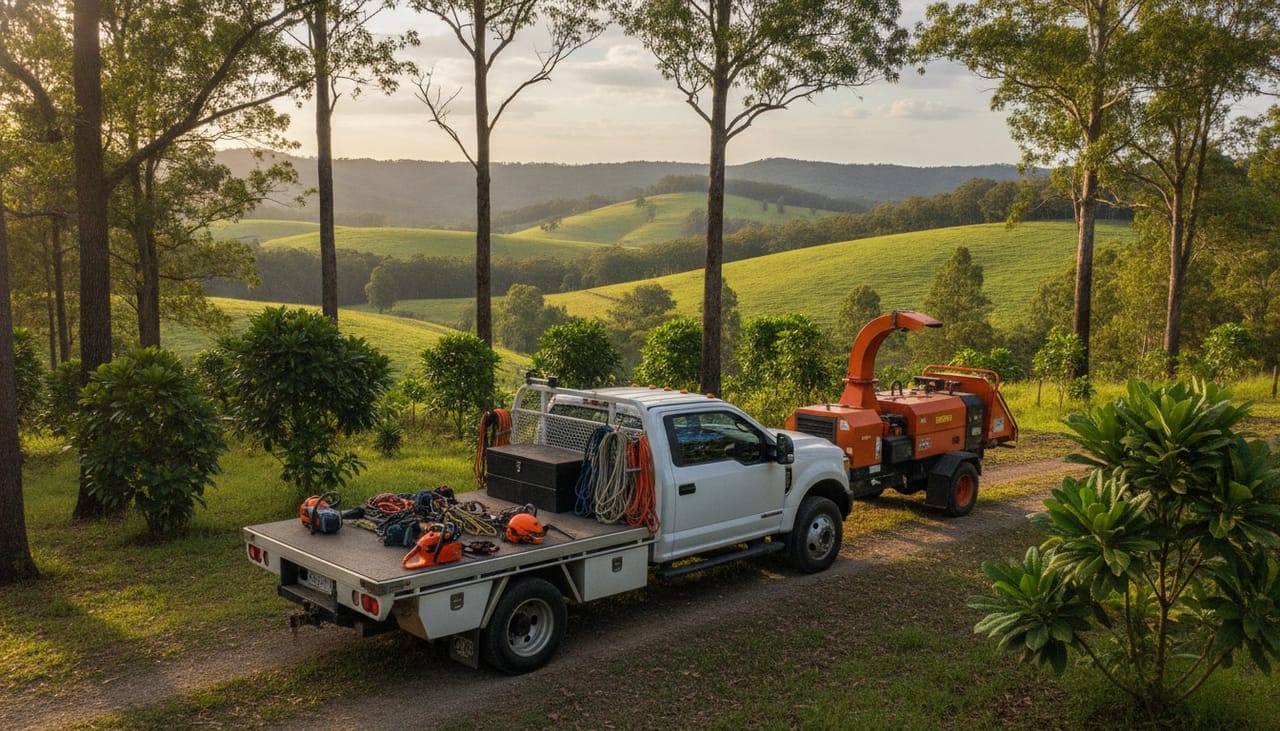 Brisbane West Arborist work truck and wood chipper on site in the Brisbane West